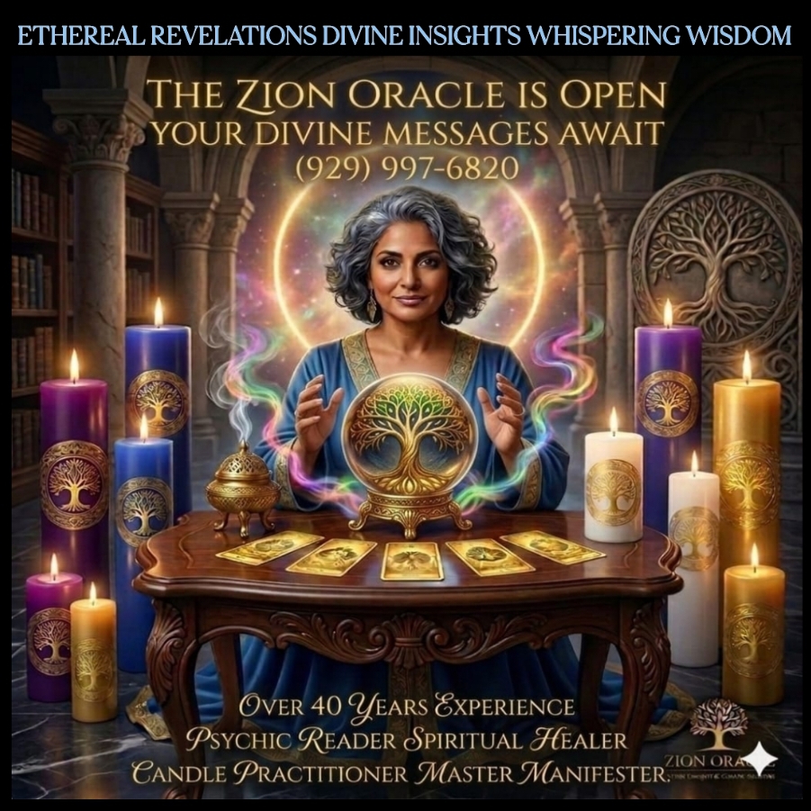 ETHEREAL REVELATIONS DIVINE INSIGHTS WHISPERING WISDOM. THE ZION ORACLE IS OPEN YOUR DIVINE MESSAGES AWAIT. OVER 40 YEARS EXPERIENCE PSYCHIC READER SPIRITUAL HEALER CANDLE PRACTITIONER MASETER MANIFESTER.