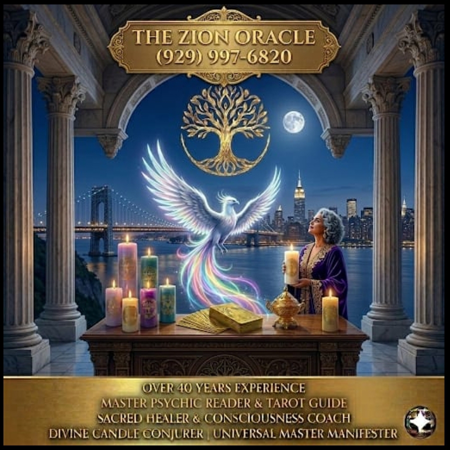 The Zion Oracle, Phone: (929) 997-6820, Over 40 years experience, Master psychic reader & tarot guide, Sacred healer & consciousness coach, Divine candle conjurer, Universal Master manifester